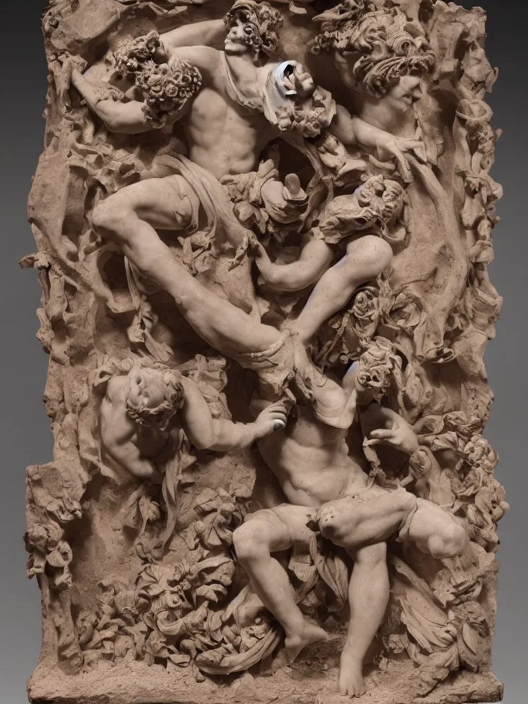 Prompt: Dionysus at the rave partying to drown out his problems, ancient greek art pottery sculpture