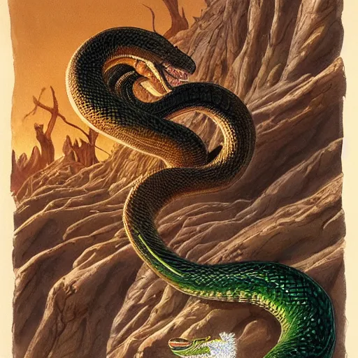 Image similar to cubic zirconia by john howe, by hal foster hideous. a beautiful photograph of a snake eating its own tail that seems to go on forever.