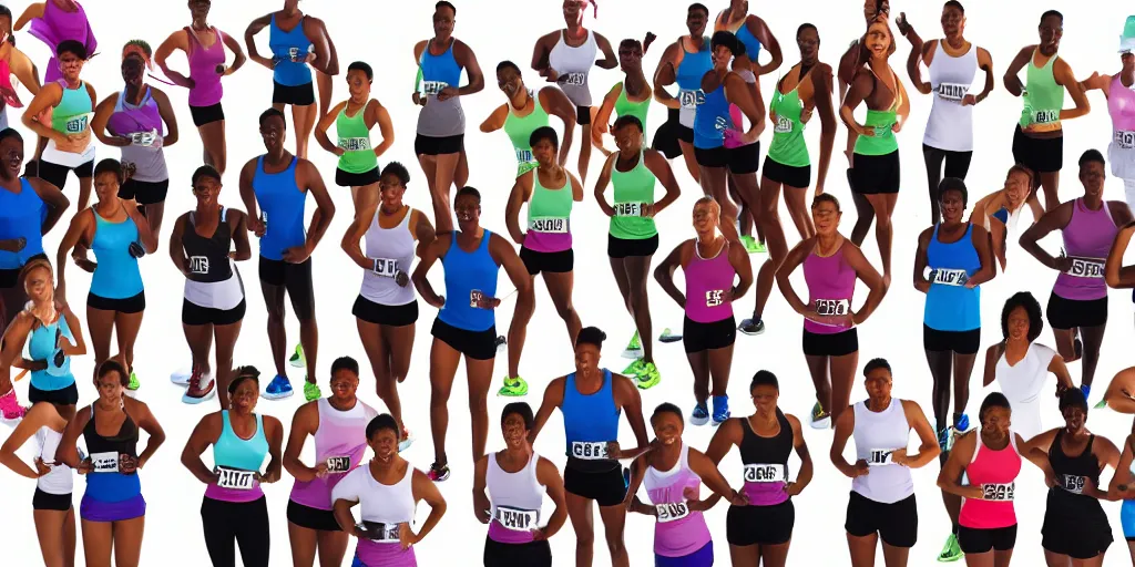 Image similar to Storyboard Sketch of Studio Photograph of starting line of many diverse marathon runners. multiple skintones. Frontal. Shot on 30mm Lens. Advertising Campaign. Wide shot. Fashion Studio lighting. White background.