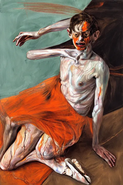 Image similar to high quality high detail painting of a ballerina in agony by lucian freud and jenny saville and francis bacon, hd, dark demonic dancer, turquoise and orange