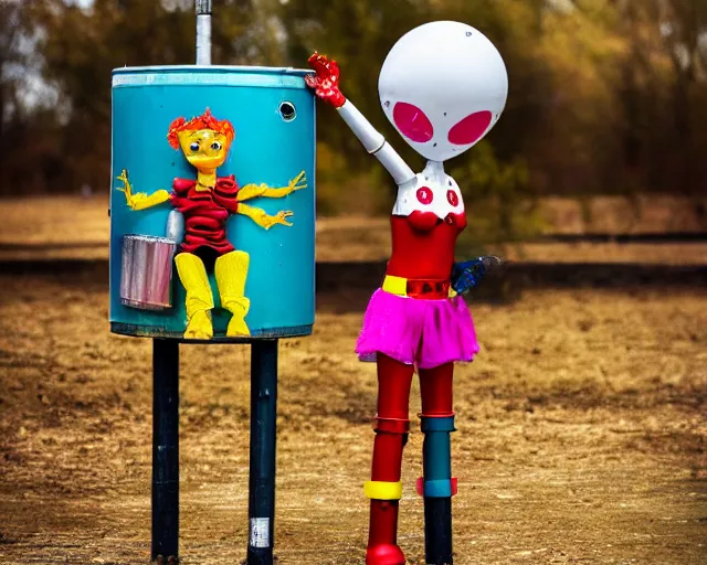 Prompt: beautiful clown girl robot alien standing on a water tank