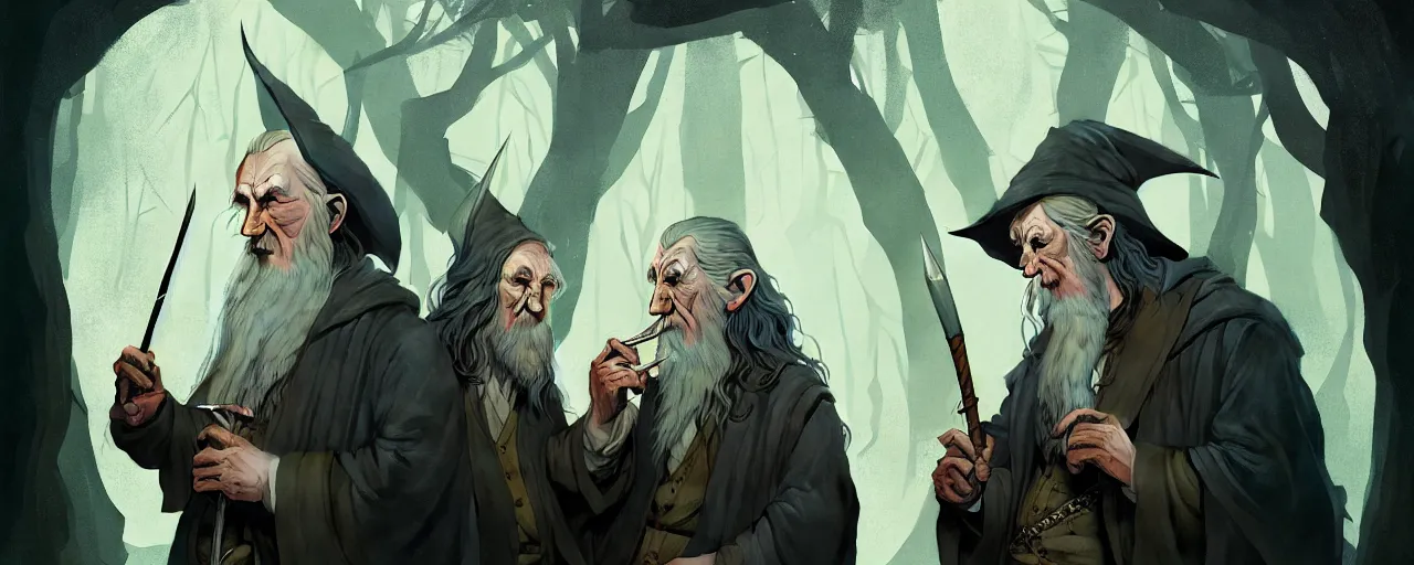 Image similar to duotone concept illustration 3 / 4 portrait of 2 persons jrr tolkien and wizard gandalf in hobbit house smoking pipe rustical style. cinematic volumentric lighting. accidental renaissance. by sachin teng and sergey kolesov and ruan jia and heng z. graffiti art, scifi, fantasy, hyper detailed. octane render. concept art. trending on artstation