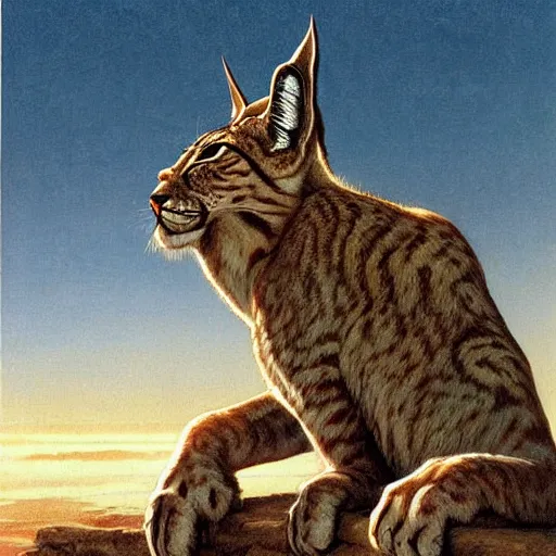 Prompt: giant distorted lynx cat looming over the horizon of a broken earth, perfectly clear face, by j. c. leyendecker and beksinski