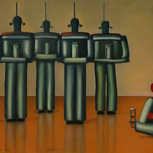 Image similar to robot bishop army, one robot a different color, grant wood, pj crook, edward hopper, oil on canvas