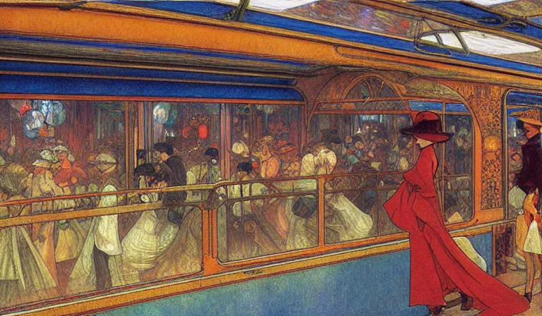 Image similar to A disco train station, by Moebius, Renoir, Mucha