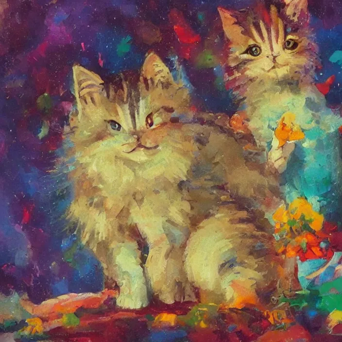 Image similar to colourful painting of two cute little kitties, art in paul lehr and charles camoin style, close shot, bright, evening, soft lighting, focus, masterpiece art