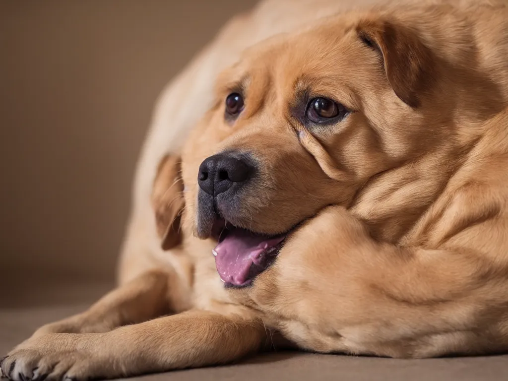 Prompt: fat dog lying down and smiling at the camera, high definition detail, 8 k, photography