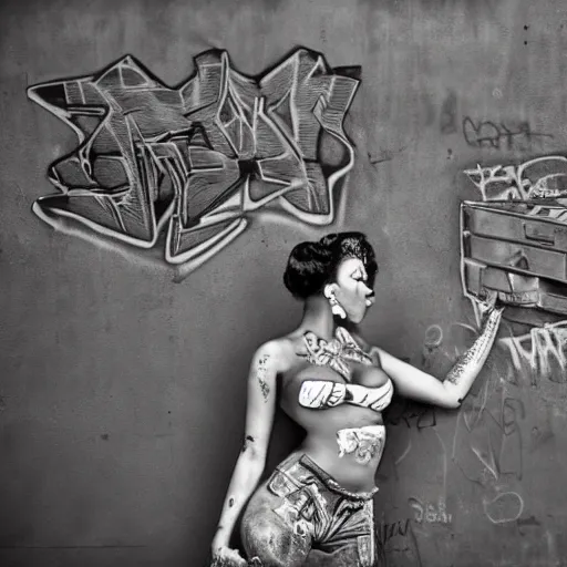 Prompt: rough rugged graffiti on a black wall of a pinup girl
