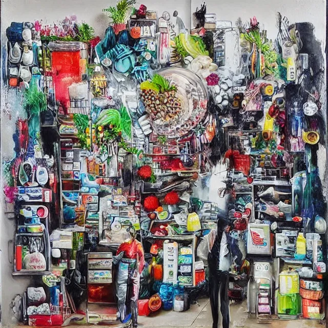 Prompt: “ a busy sidewalk in nairobi, pharmacy, street hawkers, medical supplies, pills and medicine, ikebana, herbs, a candle dripping white wax, squashed berries, berry juice drips, acrylic and spray paint and oilstick on canvas, surrealism, neoexpressionism ”