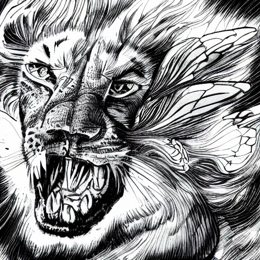 Prompt: lioness with wings flying in space, ink on paper, 8k high quality detailed art, trending on art station, by Eiichiro Oda