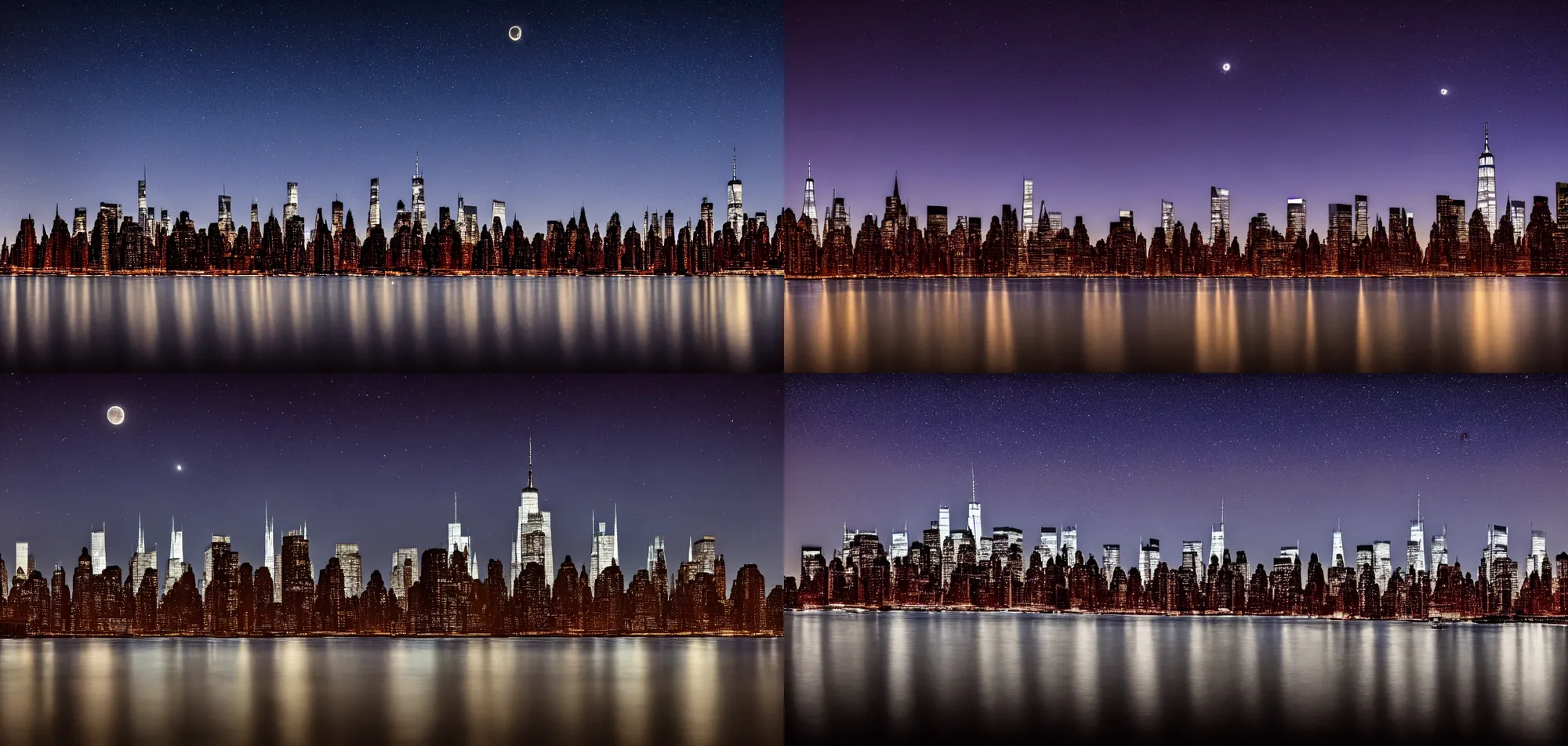 Image similar to New york city skyline at night stars and moon in sky water reflection-long exposure