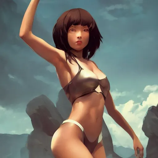 Image similar to kodak portra. by wlop, ilya kuvshinov, krenz cushart, greg rutkowski, trending on pixiv. zbrush sculpt, octane, maya, houdini, vfx. cute amazon woman wearing bikini armor. digital painting. cinematic dramatic atmosphere, sharp focus, volumetric lighting.