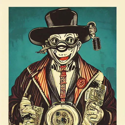 Image similar to Illustrated by Shepard Fairey and H.R. Geiger | Steampunk Clown Vampire with VR helmet, surrounded by cables