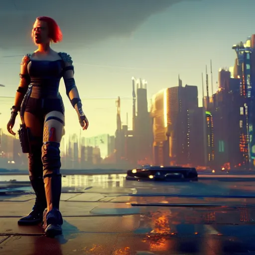 Image similar to scarlett johansson after a bad mission in Cyberpunk 2077. CP2077. 3840 x 2160