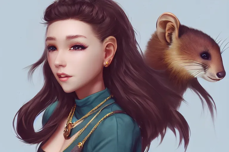 Image similar to female marten wearing jewlery with cute hairstyle, made by Stanley Artgerm Lau, WLOP, Rossdraws, ArtStation, CGSociety, concept art, cgsociety, octane render, trending on artstation, artstationHD, artstationHQ, unreal engine, 4k, 8k,