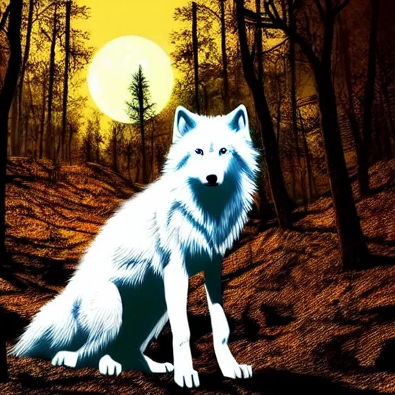 Image similar to white wolf with blue eyes stands in a dark night dormant autumn forest with magic moon in sky, no yellow color in eyes, no yellow color, realistic