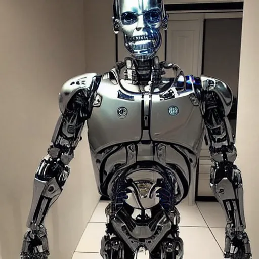 Image similar to “a realistic detailed photo of a guy who is the terminator robot, a cyborg consisting of living tissue over a robotic endoskeleton, who is a male android, Ethan Dolan, posing like a statue, blank stare”