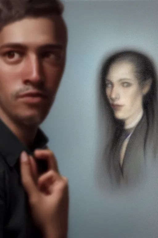 Image similar to realistic portrait by woman ghost on behind him, but he must not see it