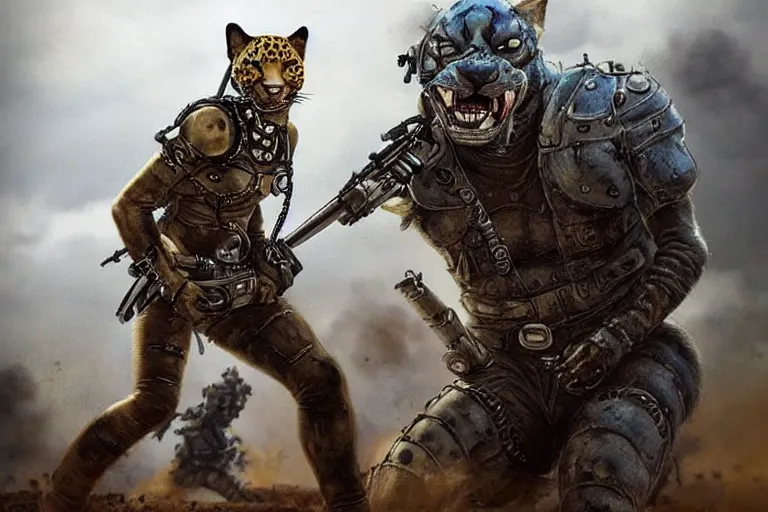 Image similar to a good ol'jaguar fursona ( from the furry fandom ), heavily armed and armored facing down armageddon in a dark and gritty version from the makers of mad max : fury road. witness me.