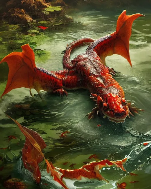 Image similar to game character beautiful giant kaiju sized pond dragon half fish half salamander, wet amphibious skin, red salamander, axolotl creature, koi pond, korean village by Ruan Jia and Gil Elvgren, fullbody