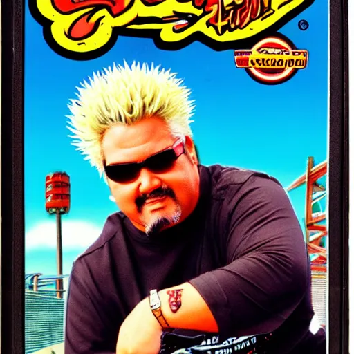 Prompt: guy fieri has ramen noodle hair for the nintendo genesis, game case, box art