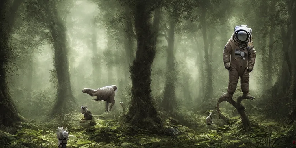 Prompt: an astronaut comes across a strange creature in a forest, a detailed matte painting by frieke janssens, featured on cgsociety, fantasy art, matte painting, reimagined by industrial light and magic, matte drawing