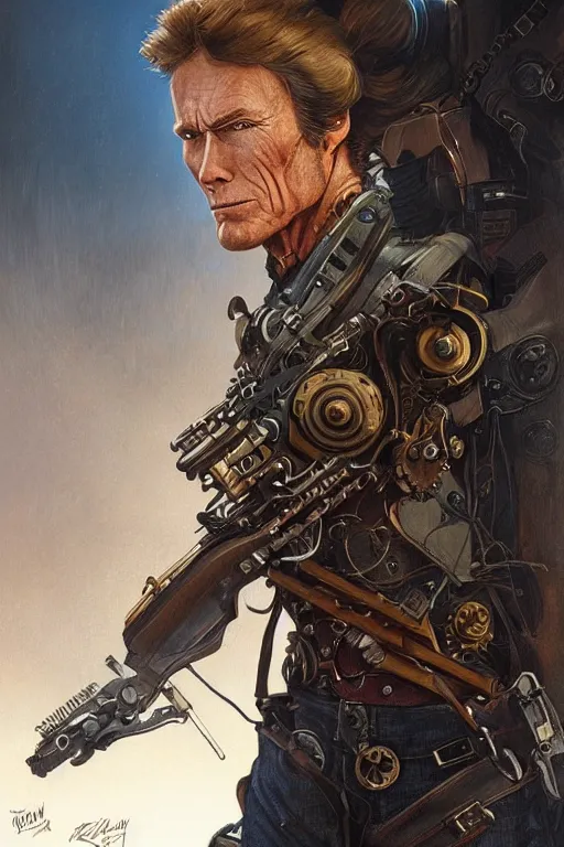 Image similar to teenager clint eastwood as a steampunk cyborg gunslinger, portrait, western, duster, fantasy, intricate, elegant, highly detailed, digital painting, artstation, concept art, sharp focus, illustration, art by artgerm and greg rutkowski and alphonse mucha