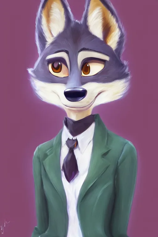 Image similar to oil painting of anthromorphic female wolf, in style of zootopia, female fursona, furry, furaffinity, 4 k, deviantart, furry art, fursona art, wearing black business suit, business suit, wolf fursona, female, smug expression,