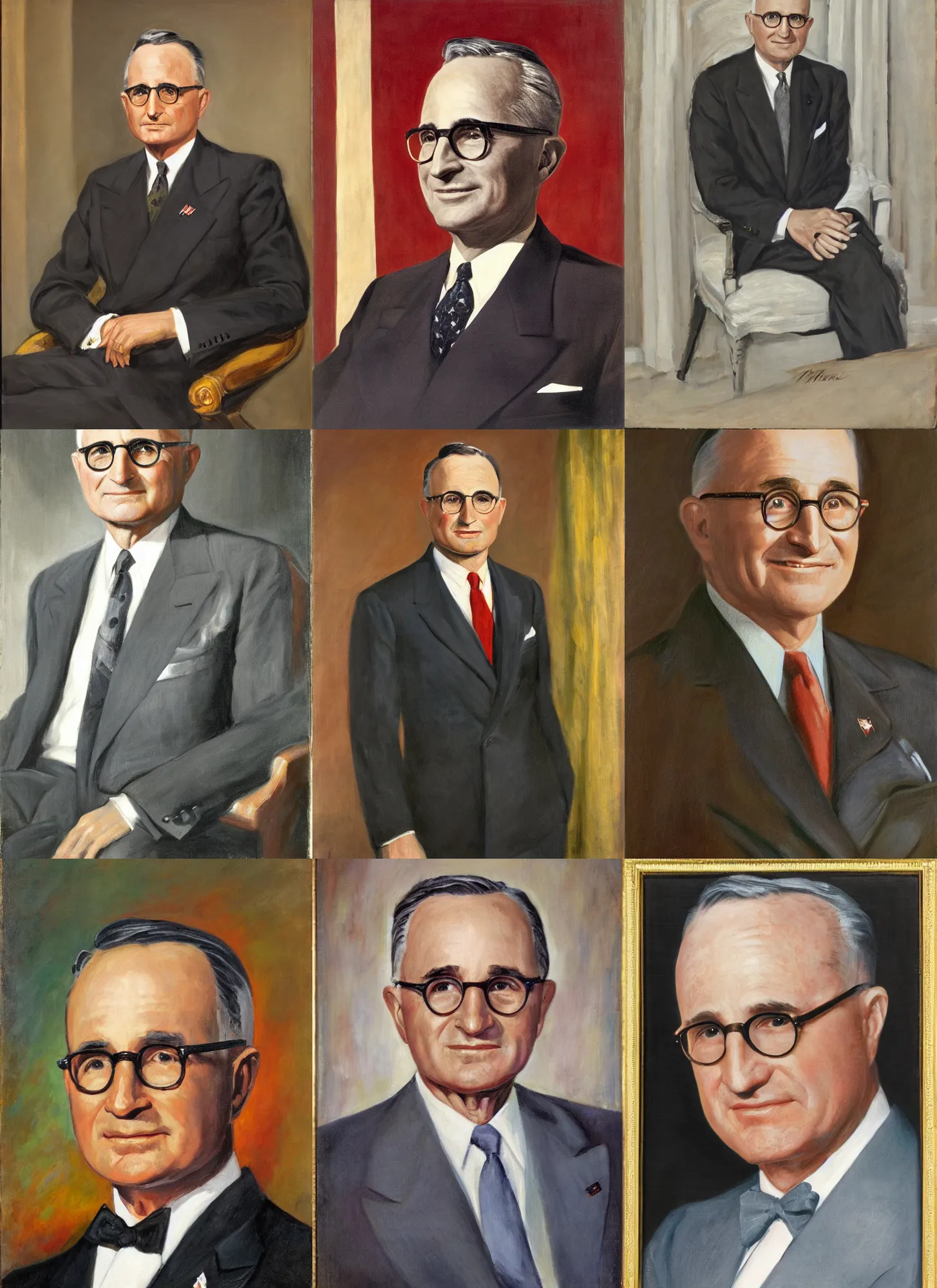 Prompt: Harry S. Truman, 33rd President of the United States, 1945-1953. Portrait by Martha Greta Kempton in 1947. Oil on canvas, 50 x 40 1/4 inches. White House Collection/White House Historical Association