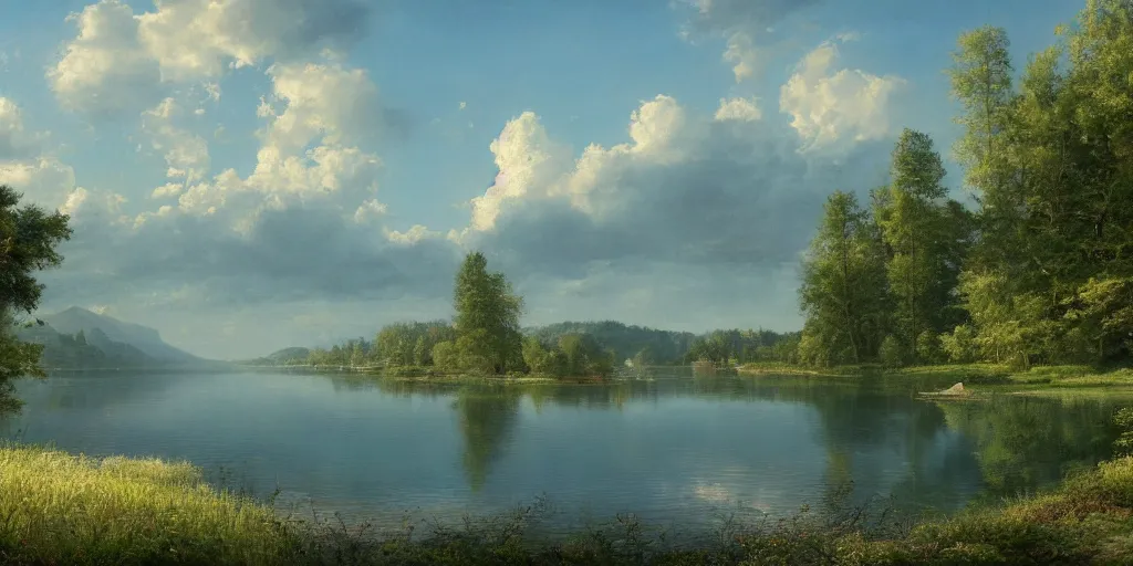 Image similar to a beautiful lake landscape in summer, by Ernest deutsch + Ted Nasmith, cinematic lighting, masterpiece, highly detailed, 8k resolution, trending on art station