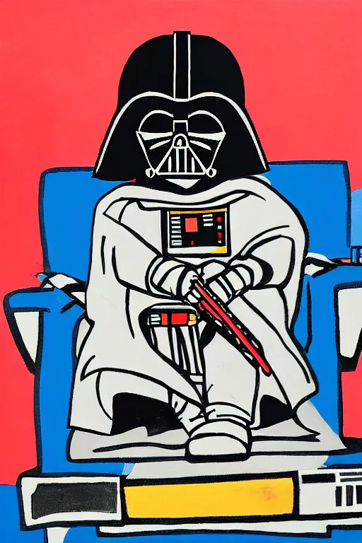 Image similar to an illustration of darth vader watching tv in the style of basquiat by margaret wise brown