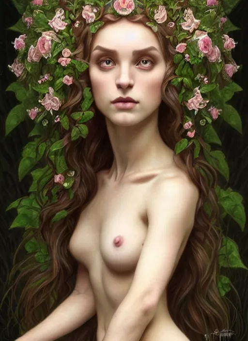 Prompt: perfectly feminine face!! full body portrait of a gothic esoteric dryad blessed by nature with ever - increasing physical mental perfection, blonde, symmetrical! intricate, sensual features, highly detailed, biblical divine holy perfection!! digital painting, artstation, concept art, smooth, sharp focus, illustration, art by artgerm and greg rutkowski and alphonse mucha