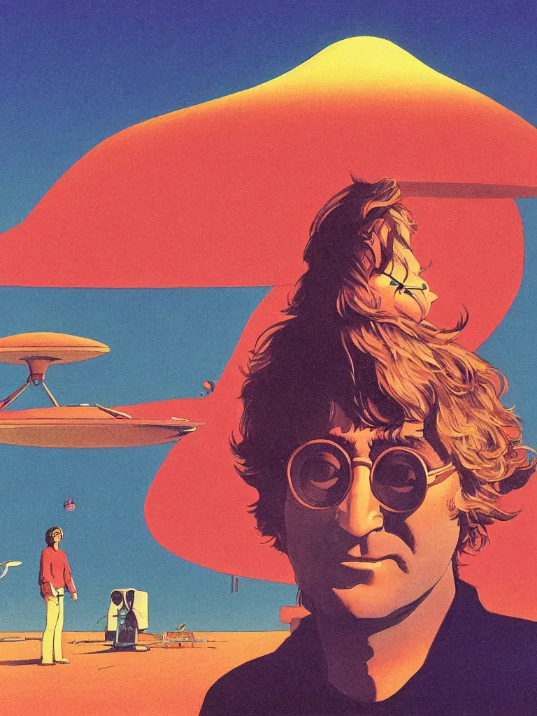 Image similar to a closeup portrait of john lennon next to a ufo, taking mind altering drugs, a blotter paper of lsd acid and dreaming psychedelic hallucinations in a vast desert landscape, by kawase hasui, moebius, edward hopper, colorful flat surreal design, dramatic lighting, hd, 8 k, artstation