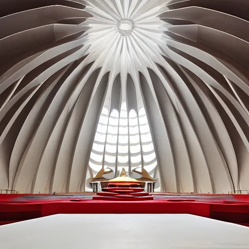 Prompt: central altar in the interior of a futuristic lotus temple with gold, red and white marble panels, in the desert, by buckminster fuller and syd mead, intricate contemporary architecture, photo journalism, photography, cinematic, national geographic photoshoot