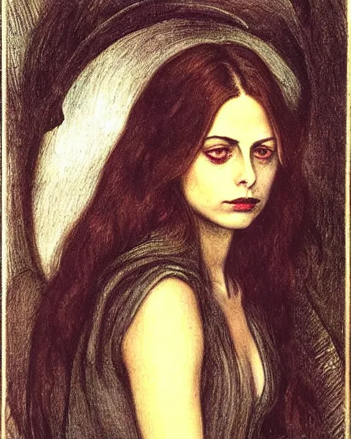 Image similar to style of dante rossetti : : gorgeous willa holland : : evil witch, swirling black magic : : symmetrical face, symmetrical eyes : : full body pose : : gorgeous black hair : : magic lighting, low spacial lighting : :