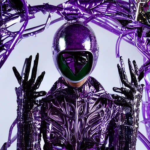 Image similar to hi - fructose mag photo, inside a futuristic detailed alien jungle made out of shiny reflective chrome, futuristic android with limbs made out of stretchy rubber tubing mixed with shiny colorful giant intricate detailed chrome gauntlets and chest piece and discoball mask, wearing a long purple velvet cape, fog and mist