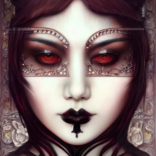 Prompt: ultra realist soft painting of a single attractive asian female with gothic makeup and a long dress, curiosities carnival, symmetry accurate features, very intricate details, focus, curvy, artstyle by Tom Bagshaw, award winning
