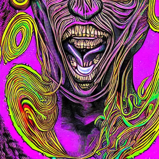 Image similar to a psychedelic godlike humanoid, hyper detailed, in the style of h. r. giger and junji ito and bob ross and lisa frank, selfie