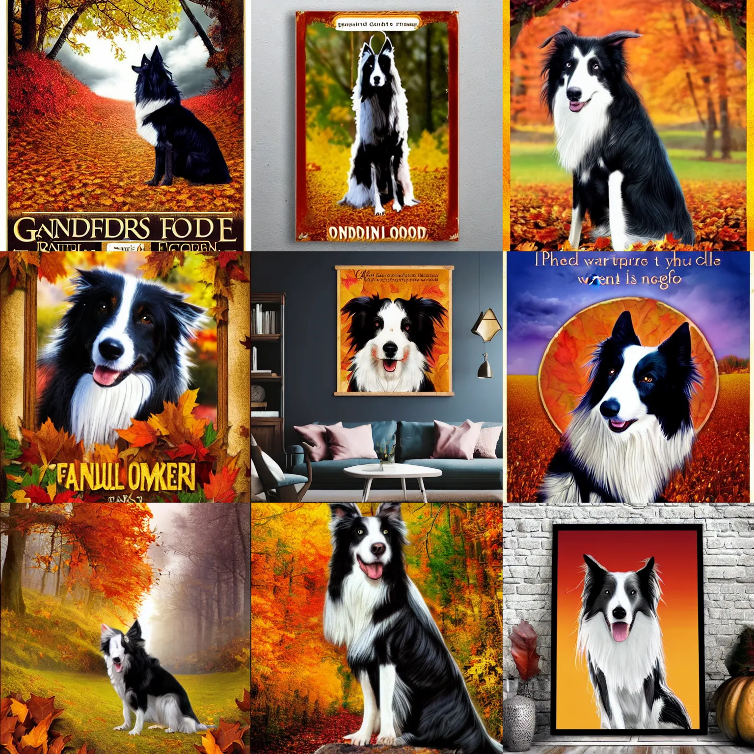 Prompt: Gandalf riding a border collie movie poster autumn colors