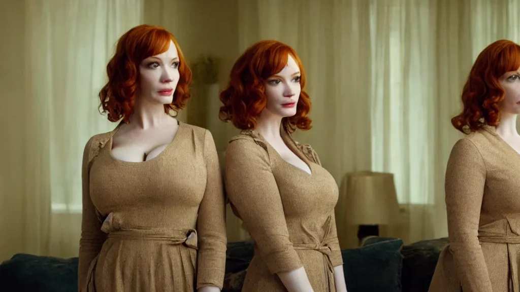 Image similar to a very surprised beautiful Christina Hendricks and her twin sister in the living room, film still from the movie directed by Denis Villeneuve with art direction by Salvador Dalí, wide lens