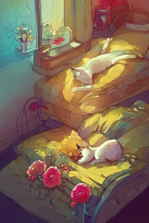 Image similar to a digital art of a cat sleeping in the room with flowers around in the afternoon, the sun shines in, storybook art, watercolor, detailed, cute, by anton fadeev, featured on artstation