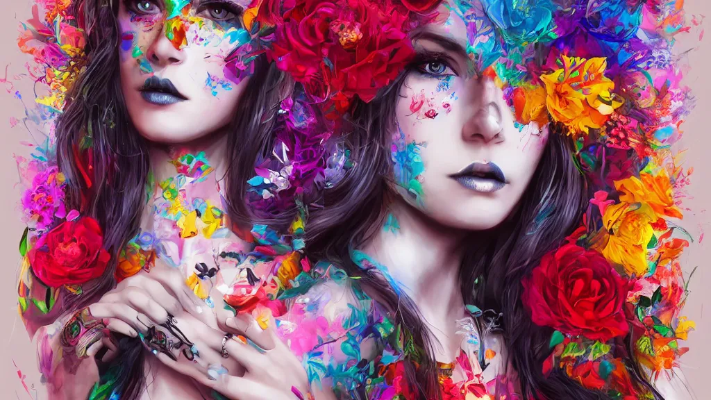 Image similar to stunning colorfull mixed media art, gotic stunning girl, flowers, heart symbol, skulls, art by cgsociety, 8 k, high resolution