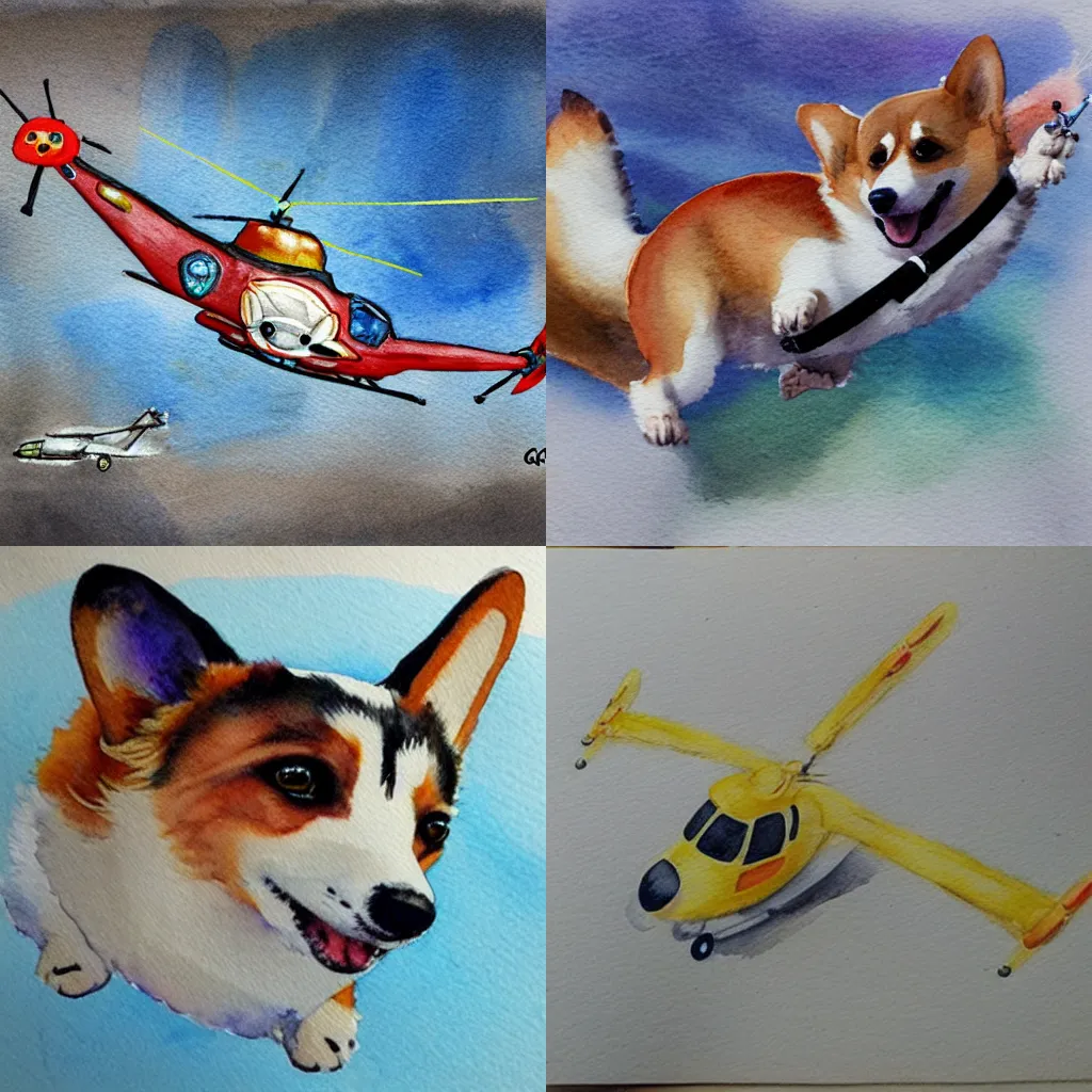 Prompt: corgi helicopter, artstation, watercolor,