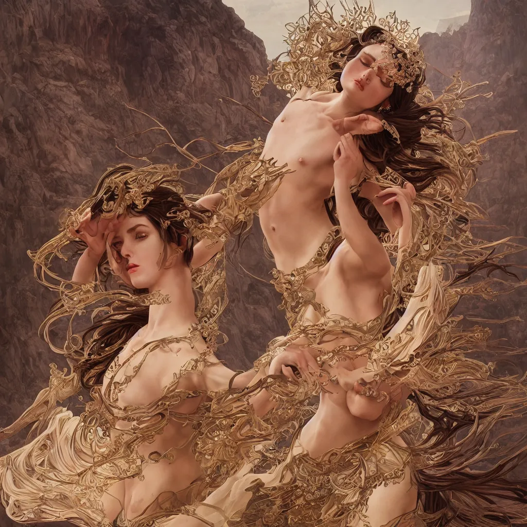 Prompt: goddess dancing in the desert, unreal engine, professional models, symmetrical face, fantasy, surreal, intricate, sharp focus, beautiful, elegant, highly detailed, digital painting, trending on artstation, concept art, smooth and sharp focus, illustration, art by tan zi and ayanamikodon and alphonse mucha and wlop