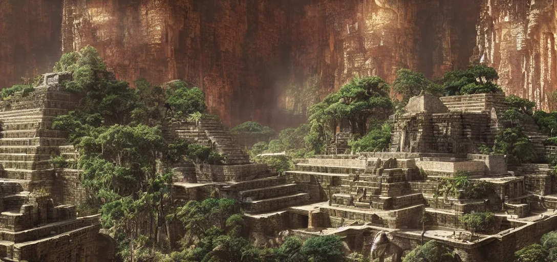 Prompt: beautiful highly detailed matte painting of an intricate mayan futuristic brutalist jade ancient temple in a valley surrounded by canyons, by Craig Mullins and Denis Villeneuve, octane rendering, 8k