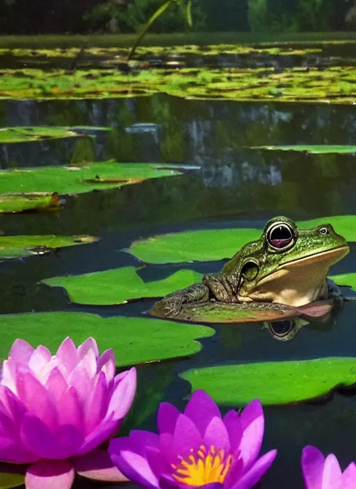 Prompt: close - up of a smiling frog in the pond with water lilies, medieval castle on background, shallow depth of field, highly detailed, ominous, digital art, masterpiece, matte painting, sharp focus, matte painting, by isaac levitan, monet, asher brown durand,