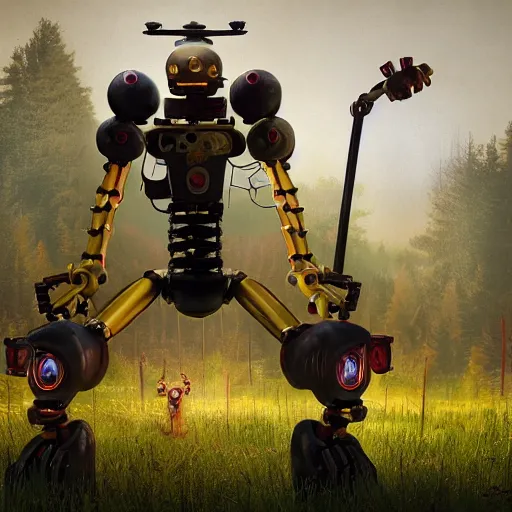 Image similar to horror animatronic in form of golden Bonny character design, robotic Springtrap character by Simon Stalenhag, trending on Artstation, 8K, ultra wide angle, zenith view, pincushion lens effect