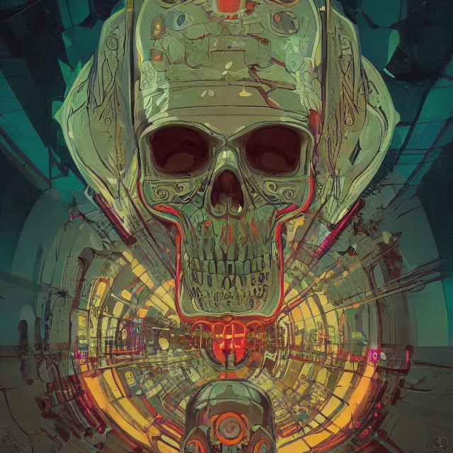 Image similar to a beautiful painting of a ( cyberpunk ) skull by simon stalenhag and pascal blanche and alphonse mucha! and nekro. in style of digital art. colorful comic, film noir, symmetry, hyper detailed. octane render. trending on artstation