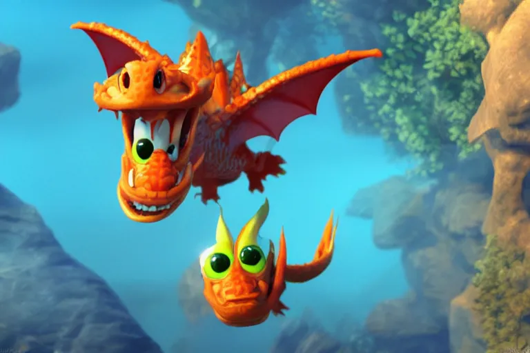 Image similar to still from pixar movie of a dragon under water, high quality 3d render, movie, Pixar, Renderman, 4k, artstation