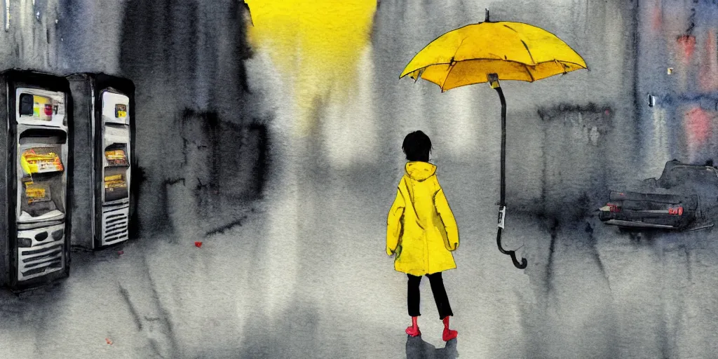 Image similar to ultrawide, simple watercolor of a dusty deserted city, a girl with a parka and a yellow umbrella, broken vending machines, in the style of Ghost in the Shell